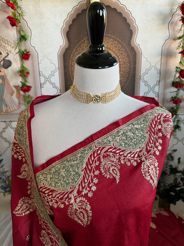 Lightweight Pure Tussar Silk Saree | Zardosi Pita Zari Work | Maroon | Hand Embroidery | Ships from California